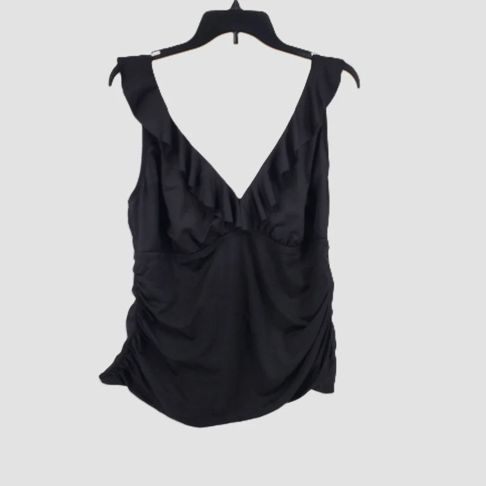 Sonnet‎ Shores Black Ruffle V-Neck Tankini Top Plus Size 20W Ruched Swimwear